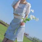 Mock Two-piece Puff-sleeve Ruffled Blouse / A-line Skirt