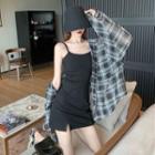 Long-sleeve Plaid Loose-fit Shirt / Plain Slim-fit Sleeveless Dress