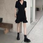 Short-sleeve Ruffle Hem Mini Dress Black - One Size