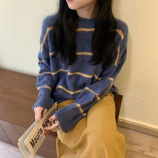 Round-neck Striped Knit Sweater / Plain Split Semi Skirt