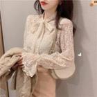Plain Crewneck Lace Loose-fit Flare-sleeve Blouse As Shown In Figure - One Size