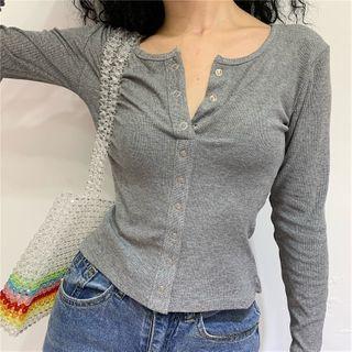 V Neckline Plain Button Long-sleeve Top