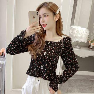 Long-sleeve Floral Print Frill Trim Crop Top