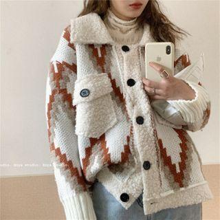 Argyle Fleece Panel Cardigan Off-whote - One Size