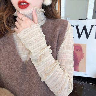 Mock-turtleneck Long-sleeve Shirred Lace Top