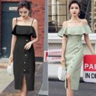 Off-shoulder Ruffle Slit-front Buttoned Dress