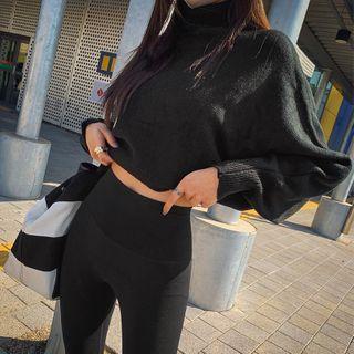 High-neck Dolman-sleeve Cropped Knit Top