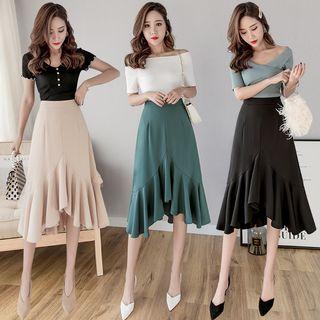 High-waist Irregular Hem Midi A-line Skirt