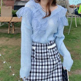 Long-sleeve Ruffle Trim Panel Knit Sweater