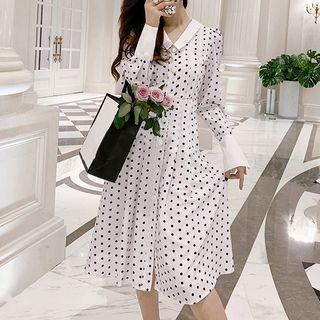 Long-sleeve Polka Dot Buttoned A-line Midi Dress