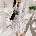 Long-sleeve Polka Dot Buttoned A-line Midi Dress