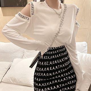 Long-sleeve Lettering T-shirt / Mini Fitted Skirt