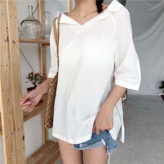Elbow-sleeve Collared Blouse