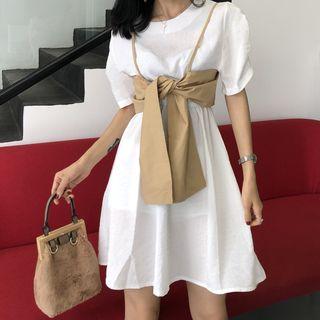 Set: Short-sleeve Plain Dress + Sleeveless Top
