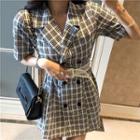 Short-sleeve Plaid Mini A-line Dress Plaid - Black & White - One Size