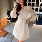 Long-sleeve Lace Panel Bow Accent Mini A-line Dress