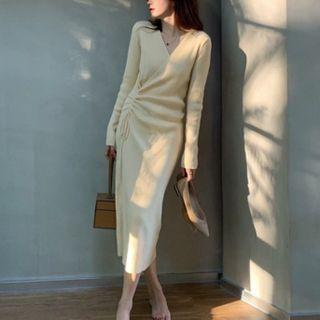 V-neck Drawstring Draped Knit Dress