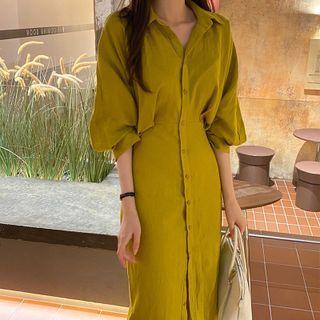3/4-sleeve Midi A-line Shirt Dress Yellow - One Size
