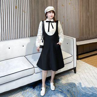 Set: Long-sleeve Lace Top + Midi Pinafore Dress