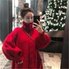 High-neck Balloon-sleeve Coat Red - One Size