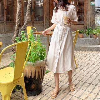 Pocket-front Dip-back Shirtdress With Sash