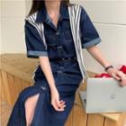 Short-sleeve Denim Midi Shirt Dress / Striped Cape