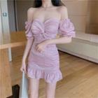 Sequined Off-shoulder Ruffle Hem Mini Bodycon Dress