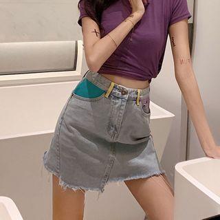 Color Block Denim Mini A-line Skirt