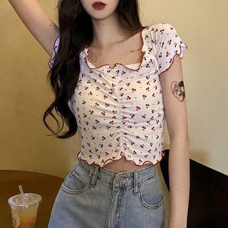 Cherry Print Lettuce Edge Short-sleeve Cropped Top Ivory White - One Size