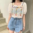 Floral Embroidered Puff-sleeve Cropped Blouse White - One Size