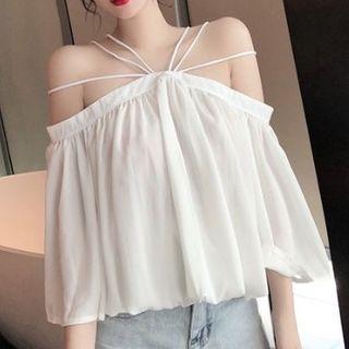 Strappy Shoulder Plain Chiffon Top