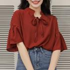 Lace-up Elbow-sleeve Chiffon Top Wine Red - One Size