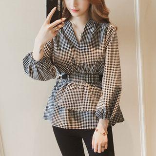 Gingham Balloon-sleeve Peplum Blouse