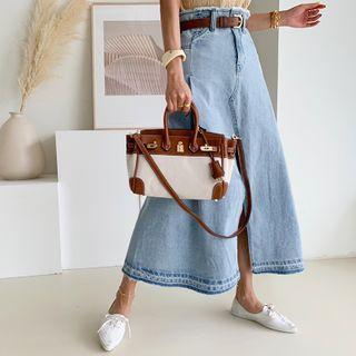 Cutout Denim Maxi Flare Skirt