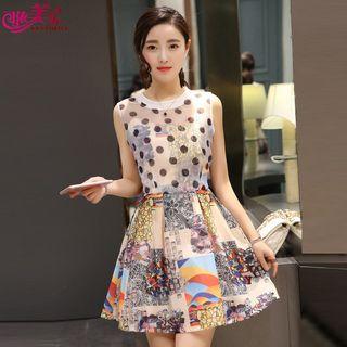 Dotted Mesh Trim Printed Sleeveless A-line Dress