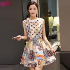 Dotted Mesh Trim Printed Sleeveless A-line Dress