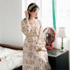 Floral Long Sleeve V-neck Chiffon Dress Almond - One Size