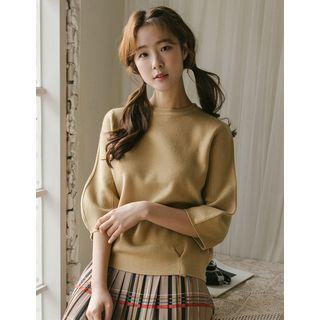 Balloon-sleeve Pleated-hem Knit Top