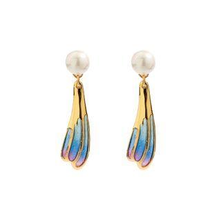 Fashion And Simple Plated Gold Blue Petal Enamel Earrings With Imitation Pearls Golden - One Size