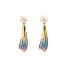 Fashion And Simple Plated Gold Blue Petal Enamel Earrings With Imitation Pearls Golden - One Size