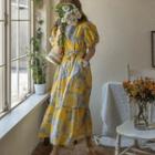 Puff-sleeve Floral Long Dress Yellow - One Size