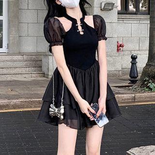 Cold-shoulder A-line Layered Dress