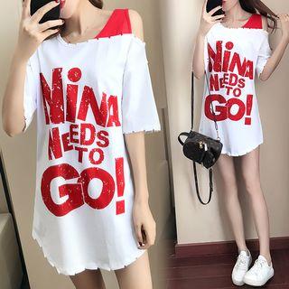 Lettering Cold Shoulder Short-sleeve Long T-shirt
