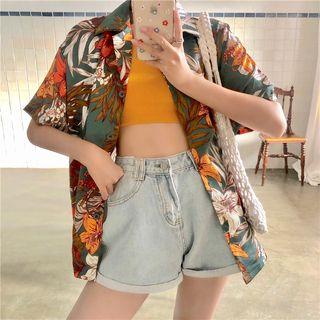 Print Loose-fit Short-sleeve Shirt / Cropped Tank Top / Washed Denim Shorts