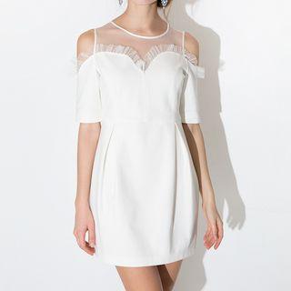 Mesh Panel Open Shoulder Short-sleeve Dress