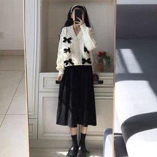 Bow-accent V-neck Cardigan / Midi A-line Skirt