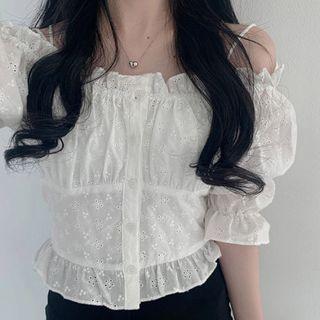 Eyelet Boatneck Crop Blouse White - One Size