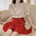Short-sleeve Cherry Print Top / Mini Pleated Skirt