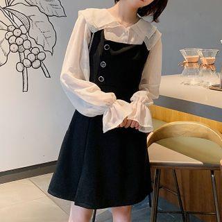 Set: Layered Collar Blouse + Button Detail Pinafore Dress