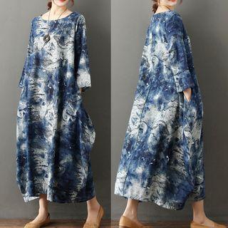 3/4-sleeve Tie-dyed Midi A-line Dress As Shown In Figure - One Size